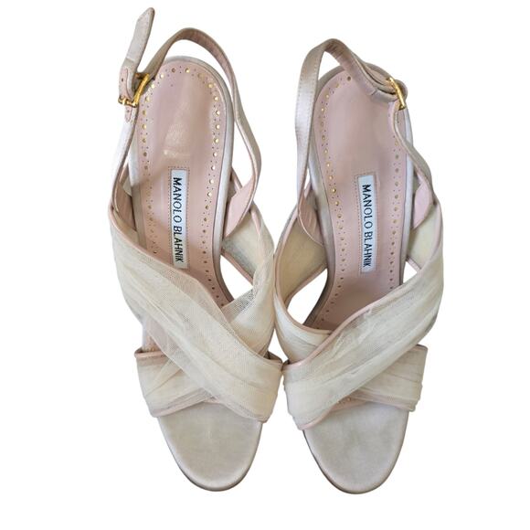 Manolo Blahnik Drapiamu Tulle & Satin Mules 39 Strappy Heels Bridal Wedding - Picture 8 of 10